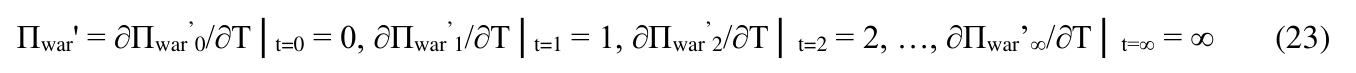 Πwar' = ∂Πwar’0/∂T│t=0 = 0, ∂Πwar’1/∂T│t=1 = 1, ∂Πwar’2/∂T│ t=2 = 2, …, ∂Πwar’∞/∂T│ t=∞ = ∞ (23)